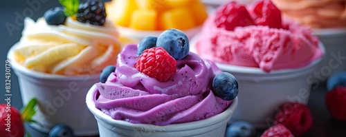 Frozen yogurt with fresh fruit toppings, colorful and healthy photo