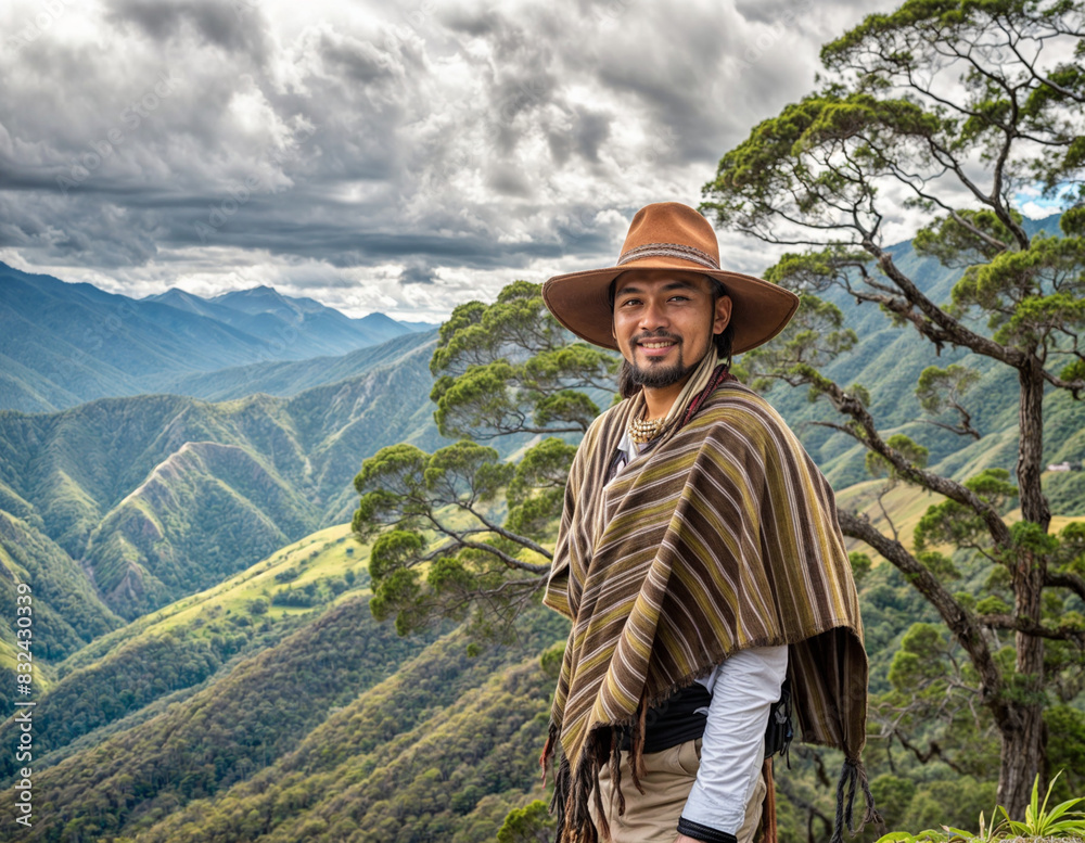 Young Indigenous hiker Man on Mountain Peak Young Indigenous hiker Man on Mountain Peak