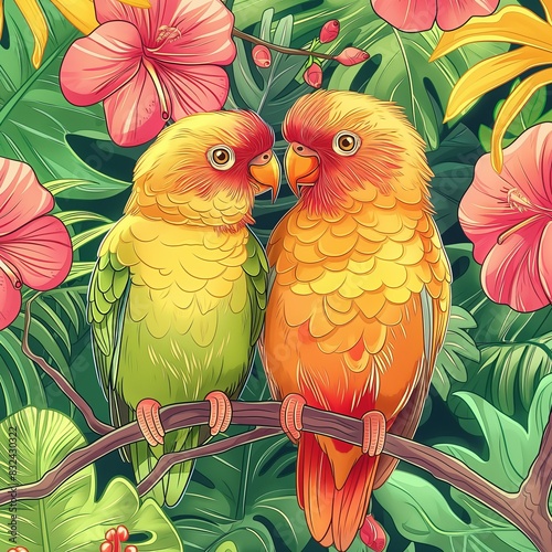 Two Colorful Parrots Perched on a Branch in a Tropical Jungle