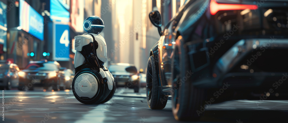Fototapeta premium A futuristic scene featuring an AI robot navigating a busy urban street with cars. Advanced technology in a modern city setting.