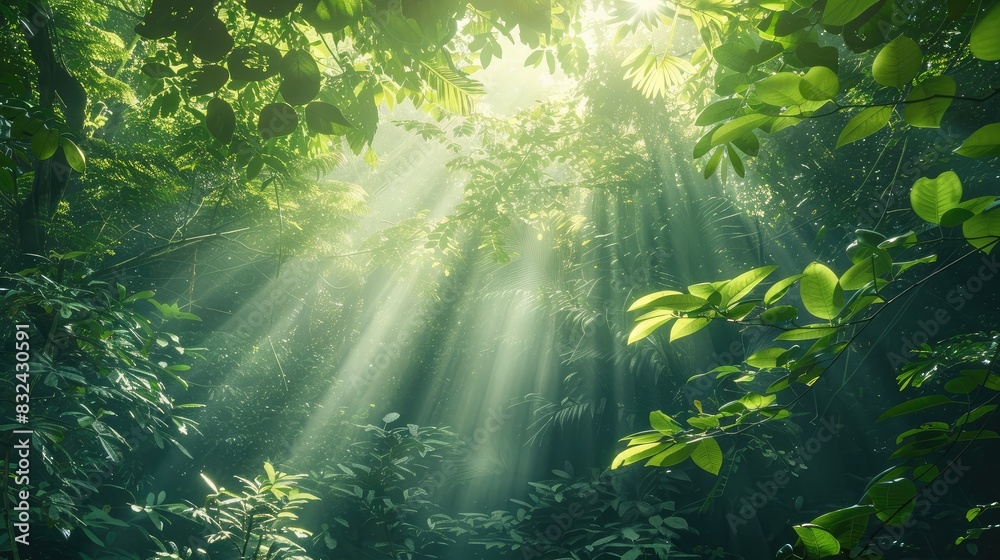Fototapeta premium Rainforest canopy with sunlight filtering through, illustrating the richness and biodiversity of tropical forests