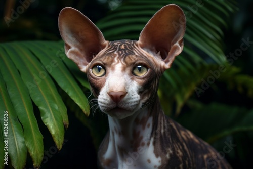 Portrait of a funny cornish rex cat on lush tropical rainforest