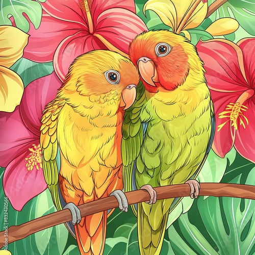 Two Colorful Parrots Perched on a Branch in a Tropical Jungle