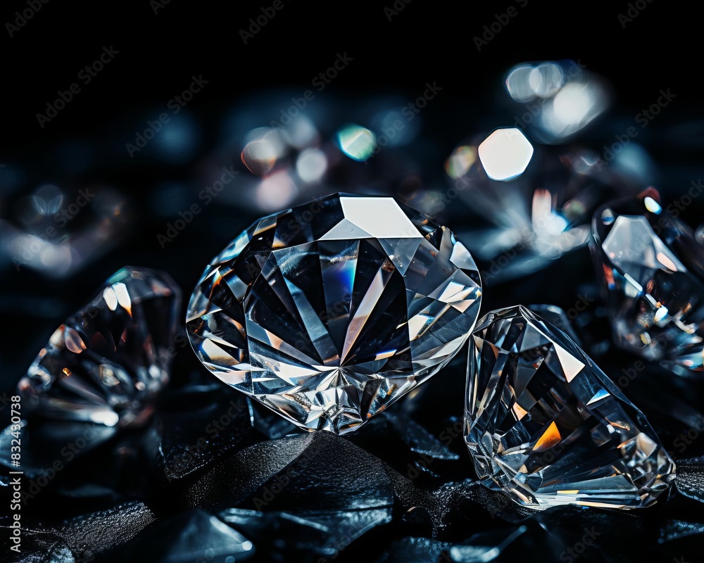 Diamonds shimmering with reflections on a black background, evoking luxury and festivity selective focus, elegant setting, ethereal, overlay, dark backdrop Diamonds shimmering with reflections on a black background, evoking luxury and festivity selective focus, elegant setting, ethereal, overlay, dark backdrop