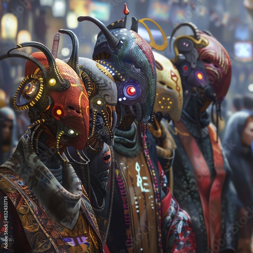 A group of people wearing futuristic masks and costumes photo