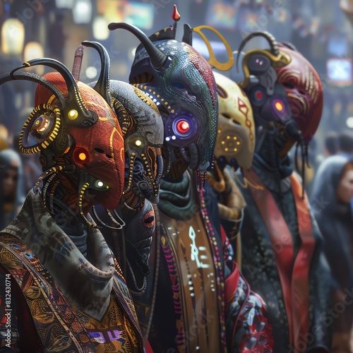 A group of people wearing futuristic masks and costumes