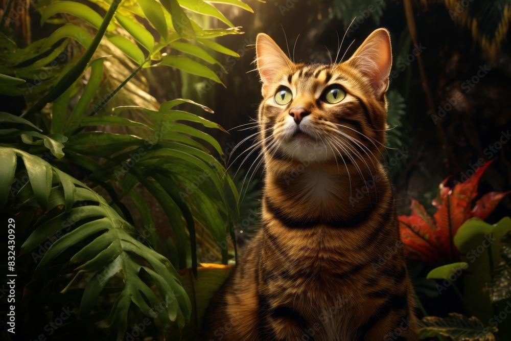 Obraz premium Portrait of a happy manx cat in lush tropical rainforest