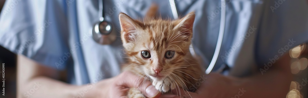 Veterinarian doctor holding a ginger kitten in his hands, health and pet care, banner Veterinarian doctor holding a ginger kitten in his hands, health and pet care, banner