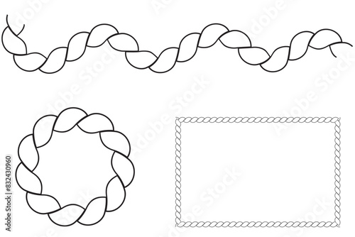 Round rope curve symbol set. Different thickness circular ropes set for decoration. Vector isolated on white. photo
