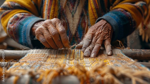 The hands of an elderly person are shown holding and working with a piece of hand-woven cloth.