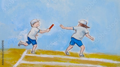 運動場で、バトンリレーをして走っている二人の小学生の男の子と、女の子の手描きイラスト