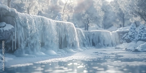 Frozen waterfall in winter forest. Icy landscape with snow and frost. photo