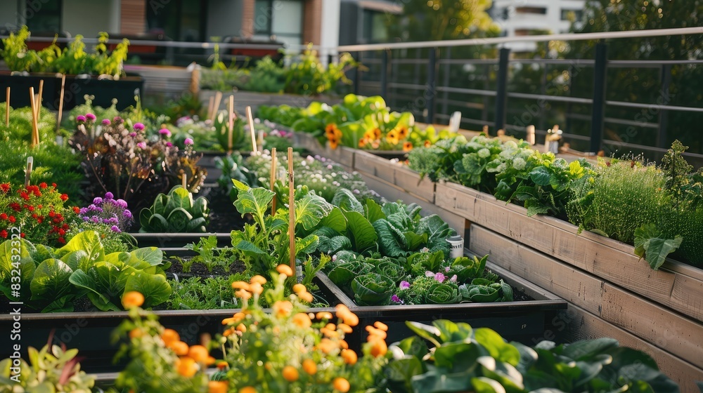 Urban rooftop garden with vegetables and flowers, representing sustainable urban living