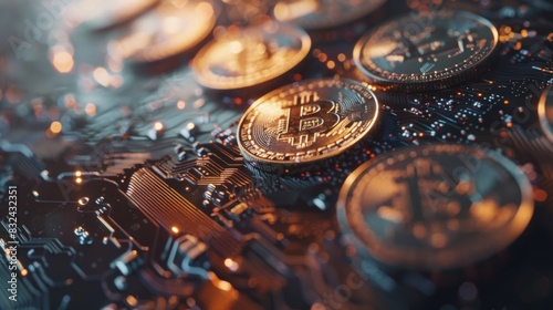 Close Up View of Bitcoin Coins on Circuit Board Background