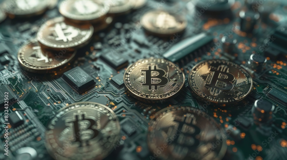 Detailed Image of Multiple Bitcoins Against Circuit Board Detailed Image of Multiple Bitcoins Against Circuit Board