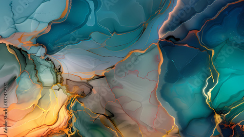 Streams of translucent hues, serpentine metallic gold swirls and foamy splashes of colour form a landscape of these free-flowing textures. Abstract green with gold - marble green and gold background.