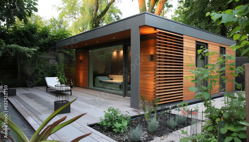 Projet de construction d'une maison de jardin écologique bioclimatique en bois dans un jardin vert photo