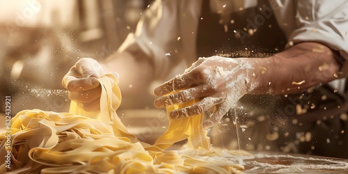The photo shows a chef making fresh pasta. photo