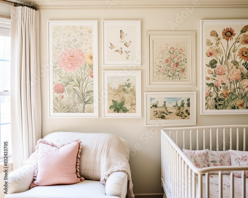 Nursery gallery wall, home decor and wall art, framed art in the English country cottage interior, room for diy printable artwork mockup and print shop idea