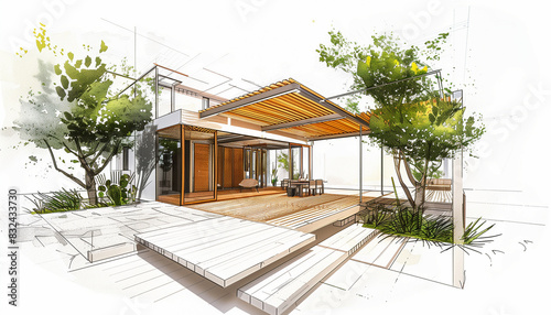 Esquisse d'architecte d'un projet de construction d'une pergola écologique bioclimatique en bois dans un jardin