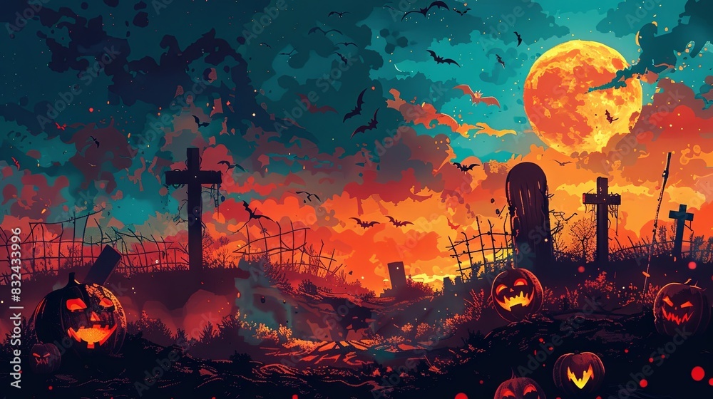 Illustration with a Halloween theme, vibrant colors, poster.
