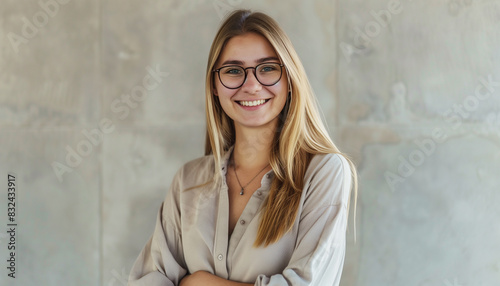 Portrait d'une jeune femme blonde avec des lunettes, souriante et joyeuse © Chlorophylle