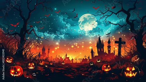 Illustration with a Halloween theme, vibrant colors, poster. 