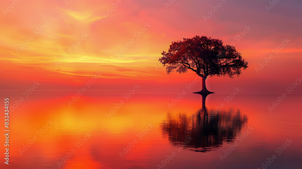 Tree Silhouette in Vibrant Sunset over Serene Lake Tree Silhouette in Vibrant Sunset over Serene Lake