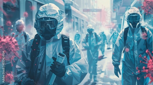 Pandemic Response: hand sanitizers, and healthcare workers in protective gear.