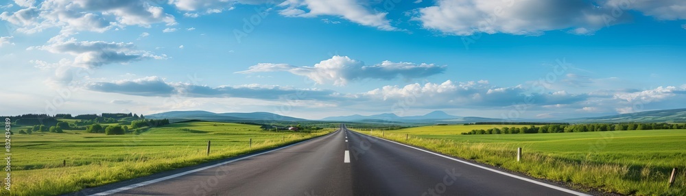 Fototapeta premium Empty black asphalt road with crisp lane markings, extending under a blue sky selective focus, road journey, ethereal, overlay, countryside backdrop