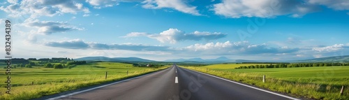 Empty black asphalt road with crisp lane markings, extending under a blue sky selective focus, road journey, ethereal, overlay, countryside backdrop © PARALOGIA