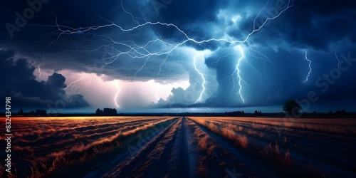 Bright lightning strikes illuminate dark stormy sky in intense electrical storm. Concept Weather, Lightning, Thunder, Storm, Dark Sky photo