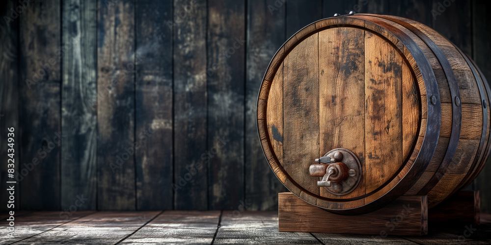 Fototapeta premium An old wooden beer barrel in a dark wood background. whiskey or wine barrel, copy space.