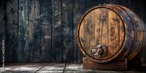 An old wooden beer barrel in a dark wood background. whiskey or wine barrel, copy space.
