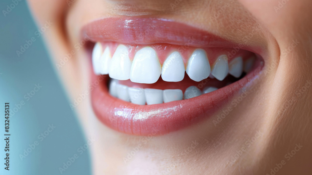 Obraz premium Close-up of a woman smiling with perfect white teeth, showcasing dental health and hygiene with bright, clean teeth.