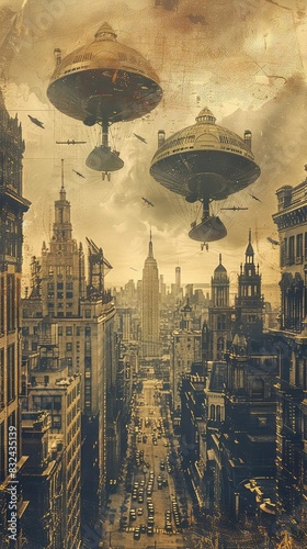 Steampunk city skyline with Victorianstyle buildings and airships in the sky, sepia tones, illustration, vintage and industrial, photo