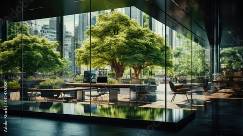 Glass office and working space, Eco-friendly featuring sustainable building with green environment and trees, green environment in city, Generative AI