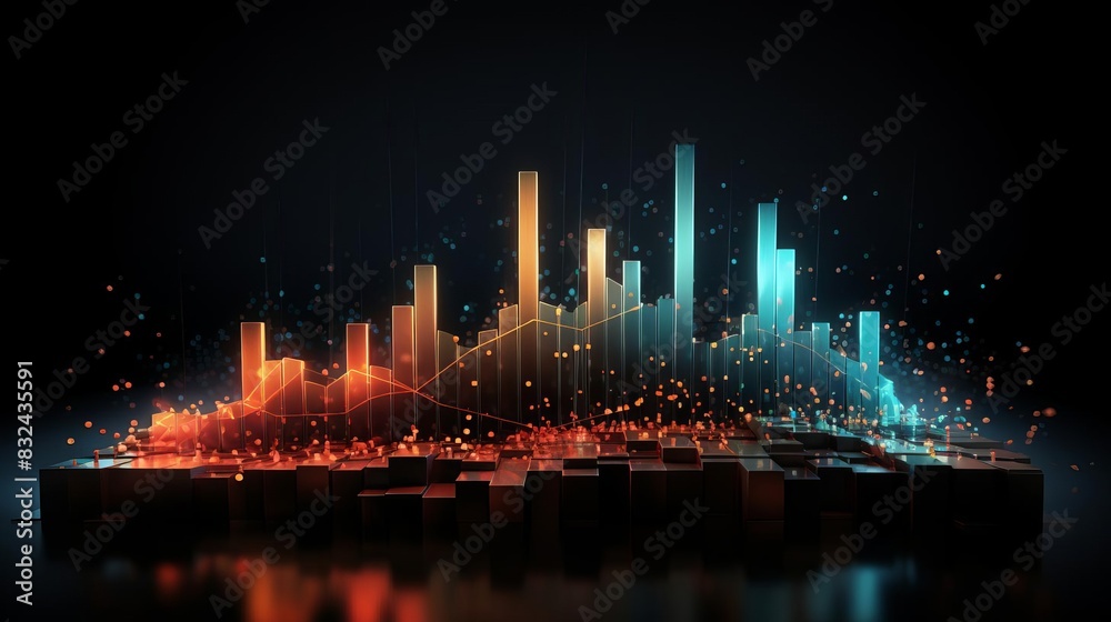 3D financial graph with intricate details and glowing lines, set on a dark gradient background, for finance presentations.