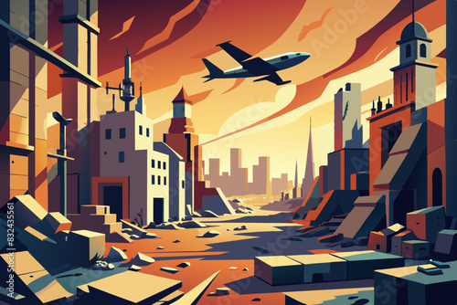 Cartoon illustration of a bombed out city with soaring aircraft, vector.