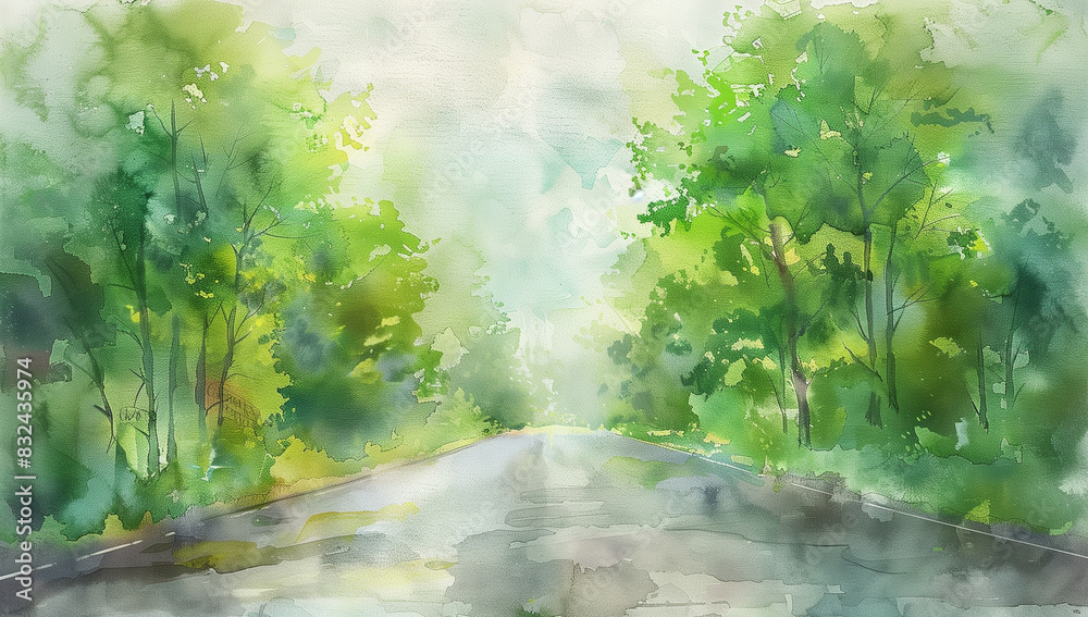 Fototapeta premium Watercolor painting of an empty country road with green trees on the sides, blurred background, green color palette, Generative AI