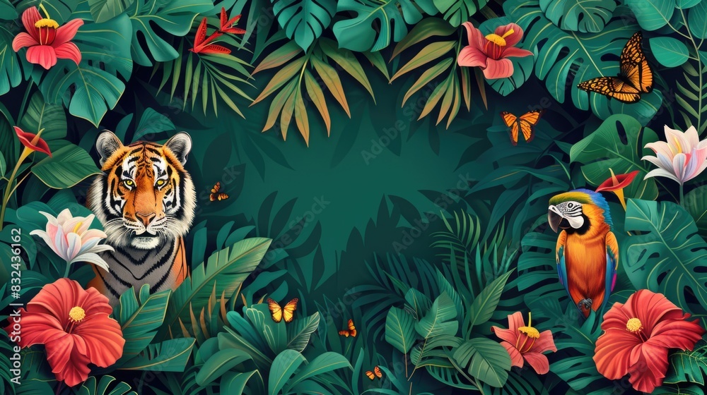 Vibrant Tropical Jungle Scene with Tiger and Parrot Vibrant Tropical Jungle Scene with Tiger and Parrot