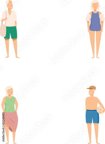 Collection of illustrated elderly characters enjoying beach activities, isolated on white