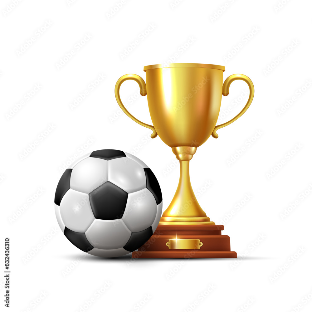 Fototapeta premium Golden cup and soccer ball. Vector 3D clipart isolated on white background.