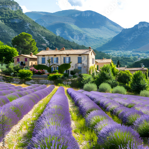 Lavender fields in summer with mountains near the village of saou in the department of drome. france isolated on white background, photo, png
 photo