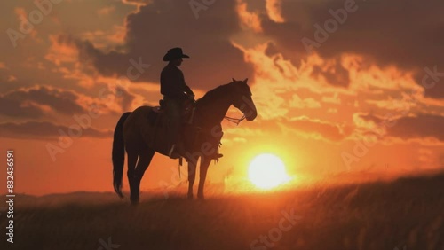 Silhouette of a cowboy riding horse at sunset in a serene rural landscape.