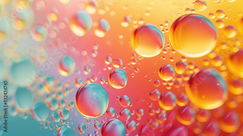 A colorful image of many small  round  clear droplets of water. The droplets are of various sizes and colors  creating a vibrant and dynamic scene. Concept of movement and energy
