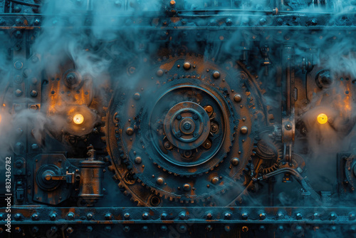 A steam engine with a large round gear and a lot of smoke coming out of it photo