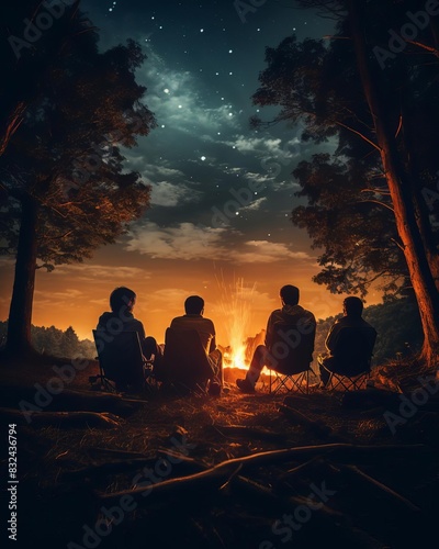 Family sitting around a campfire under the stars in the woods selective focus  outdoor bonding  ethereal  overlay  night sky backdrop