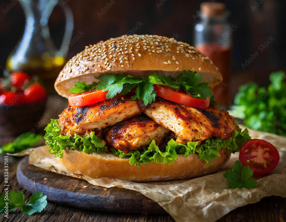 A grilled chicken sandwich topped with fresh lettuce and tomato on a rustic kitchen counter A grilled chicken sandwich topped with fresh lettuce and tomato on a rustic kitchen counter