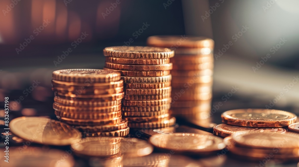 A significant pile of gold coins neatly stacked on a wooden table. A significant pile of gold coins neatly stacked on a wooden table.